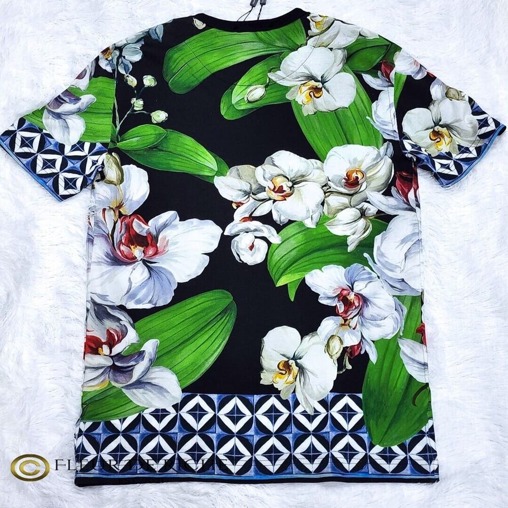 Dolce & Gabbana Elegant Orchid Print Crewneck T-shirt Black sz 48 - Picture 7 of 9